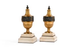 A PAIR OF NAPOLEON III GILT, PATINATED BRONZE AND MARBLE URNS, CIRCA 1870