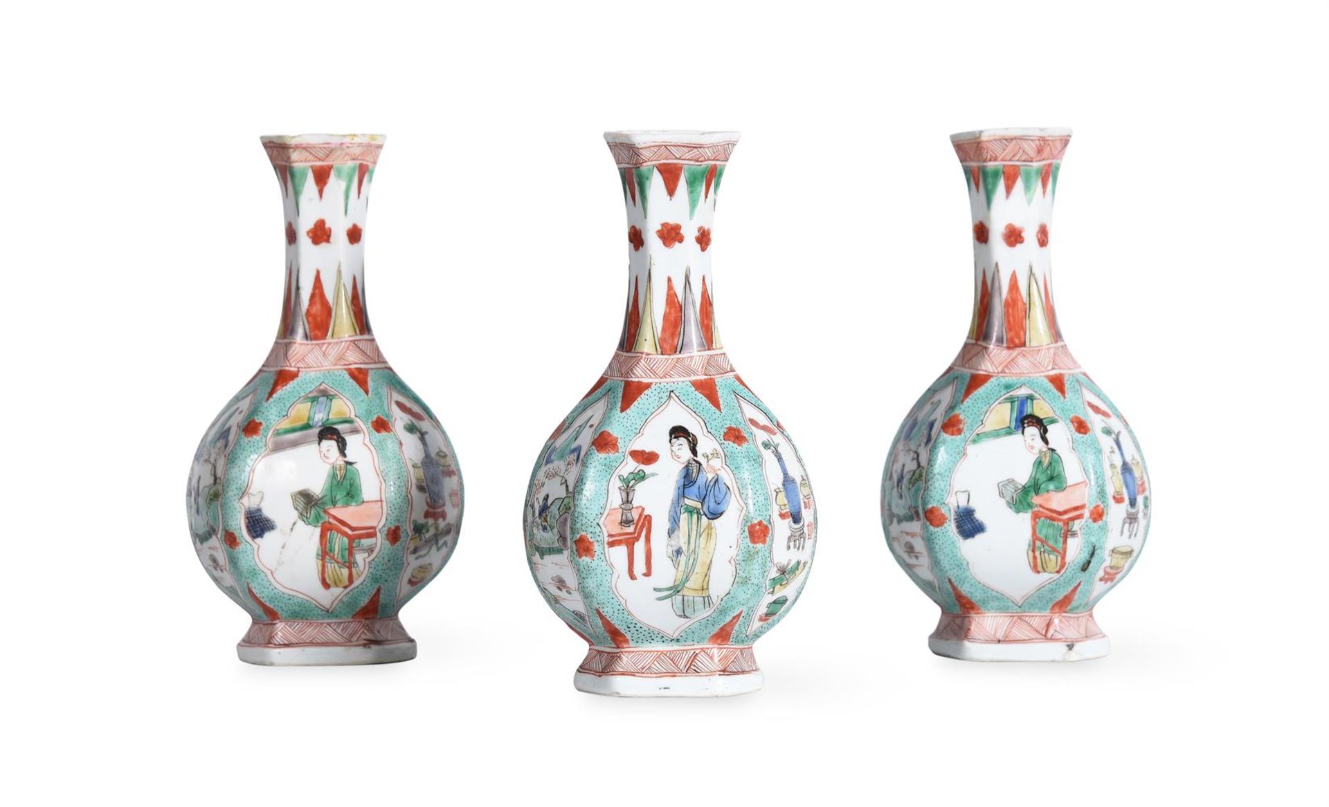 THREE CHINESE FAMILLE VERTE HEXAGONAL VASES, KANGXI