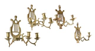 A PAIR OF BRASS LYRE BACK WALL LIGHTS, 18TH CENTURY