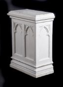 A WHITE PAINTED PEDESTAL, IN GOTHIC STYLE, 20TH CENTURY