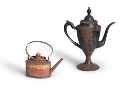 A REGENCY TOLE PEINTE TEAPOT EARLY 19TH CENTURY Red body with gilt leaf band 16cm highAND A TOLE