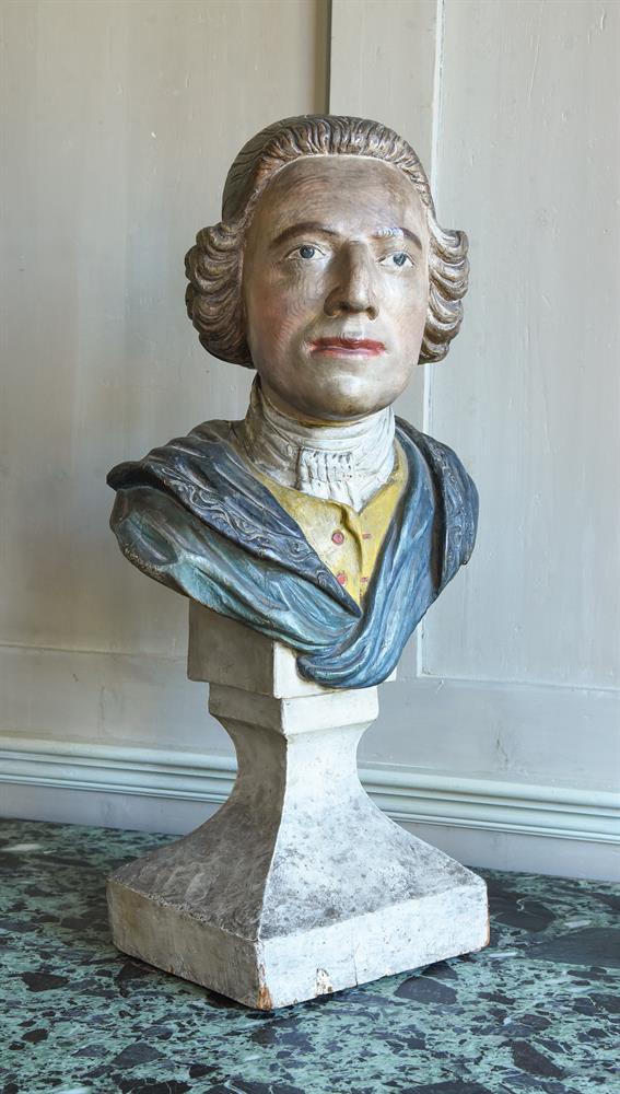 A RARE EARLY GEORGE III CARVED AND PAINTED PORTRAIT BUST OF THE SHIPBUILDER...