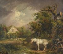GEORGE MORLAND (BRITISH 1763-1804), A WHITE HORSE SHELTERING FROM A STORM