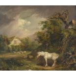 GEORGE MORLAND (BRITISH 1763-1804), A WHITE HORSE SHELTERING FROM A STORM