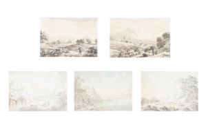 ANTHONY DEVIS (BRITISH 1729-1817), A GROUP OF FIVE MOUNTAINOUS LANDSCAPES WITH TOWNS AND CASTLES