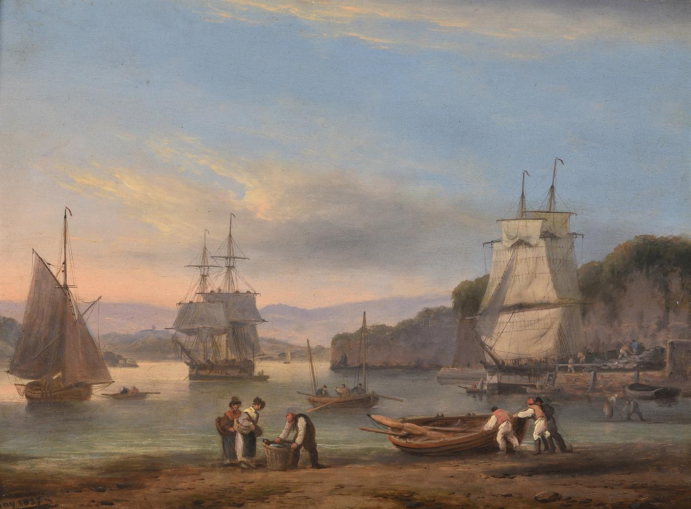 THOMAS LUNY (BRITISH 1759-1837), TEIGNMOUTH HARBOUR AT LOW TIDE; SORTING THE CATCH ON THE FORESHORE