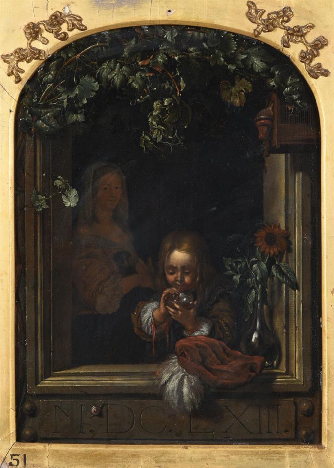 AFTER FRANS VAN MIERIS THE ELDER, BOY BLOWING BUBBLES IN A WINDOW