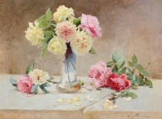 EMILE VERNON (FRENCH 1872-1919), STILL LIFE OF ROSES IN A GLASS VASE ON A STONE LEDGE