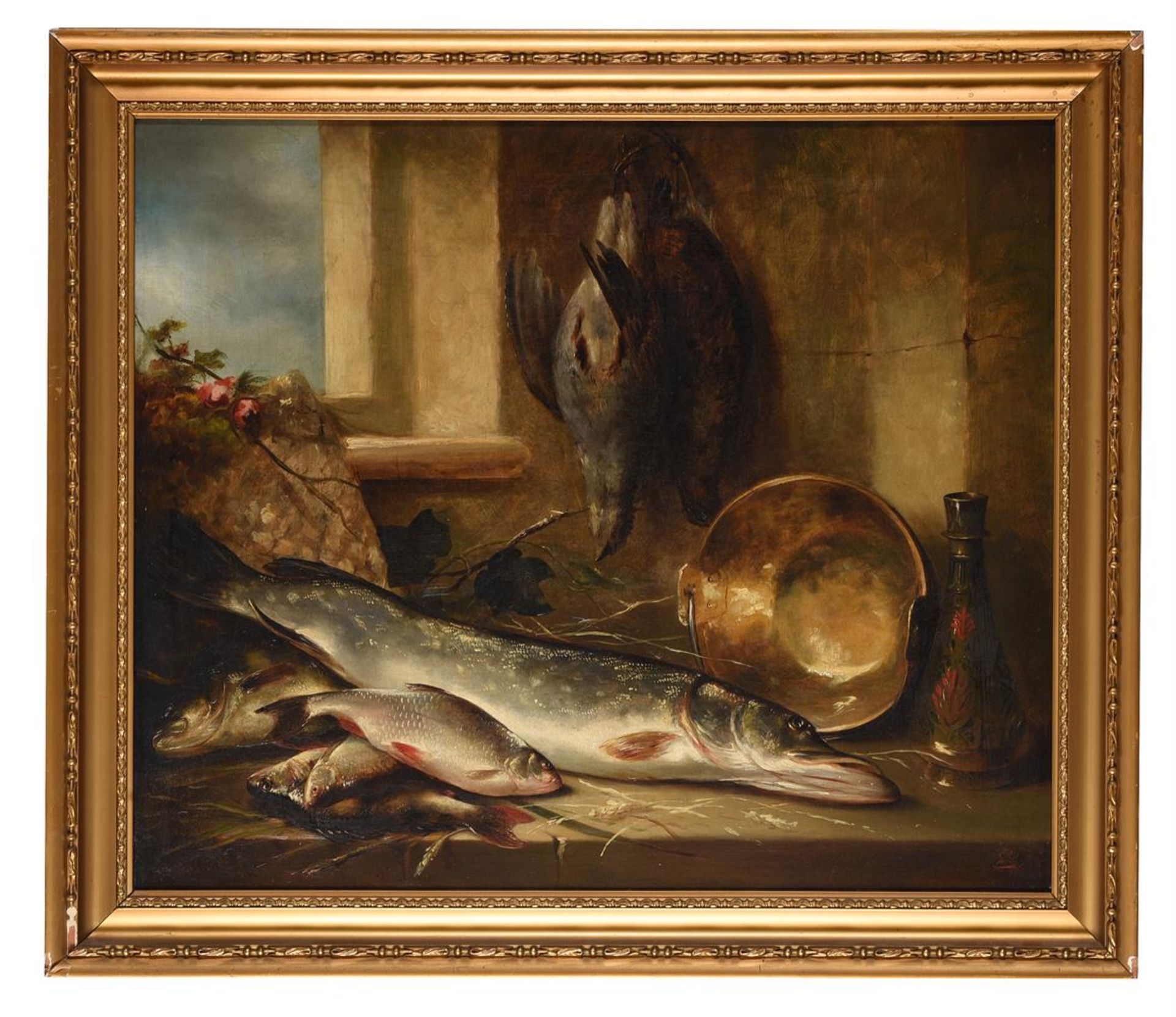 CONTINENTAL SCHOOL (19TH CENTURY), A STILL LIFE OF GAME AND FISH ON A LEDGE BY A WINDOW - Bild 2 aus 3