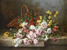 EUGENE CLAUDE (FRENCH 1841-1922), CHRYSANTHEMUMS AND A WICKER BASKET ON A STONE LEDGE