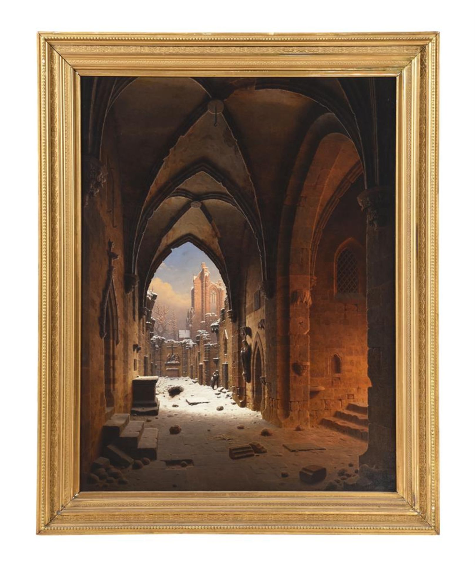 CARL GEORG ADOLPH HASENPFLUG (GERMAN 1802-1858), CLOISTER RUINS IN FADING LIGHT ON A WINTERS DAY - Image 2 of 6