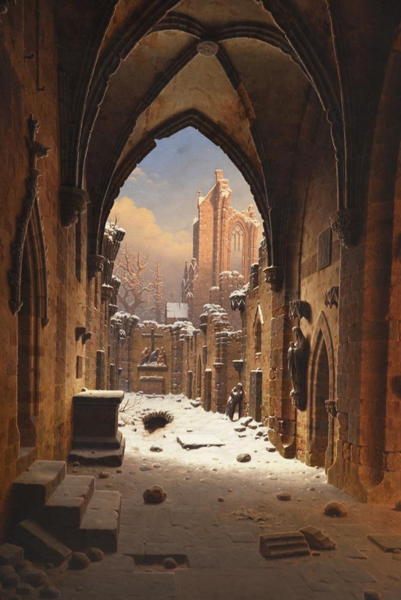 CARL GEORG ADOLPH HASENPFLUG (GERMAN 1802-1858), CLOISTER RUINS IN FADING LIGHT ON A WINTERS DAY - Image 3 of 6