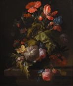 ELIAS VAN DEN BROECK (DUTCH 1650-1708), A POPPY, TULIP, CHRYSANTHEMUM, MORNING GLORY, ROSES