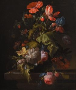 ELIAS VAN DEN BROECK (DUTCH 1650-1708), A POPPY, TULIP, CHRYSANTHEMUM, MORNING GLORY, ROSES