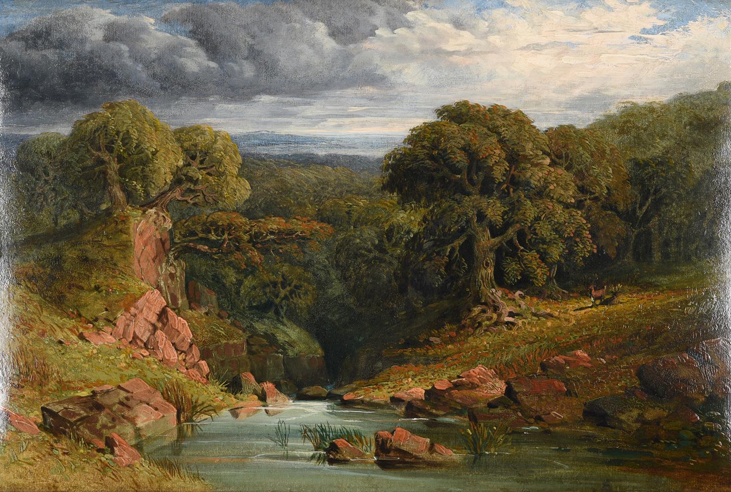 JOHN LINNELL (BRITISH 1792-1882), ENGLISH LANDSCAPE WITH DEER BY A RIVER - Image 3 of 5