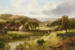 FREDERICK CARLTON (19TH CENTURY), FIGURES BY A STREAM IN A VALLEY LANDSCAPE