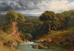 JOHN LINNELL (BRITISH 1792-1882), ENGLISH LANDSCAPE WITH DEER BY A RIVER