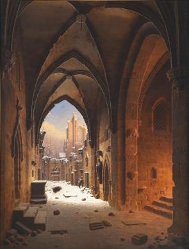 CARL GEORG ADOLPH HASENPFLUG (GERMAN 1802-1858), CLOISTER RUINS IN FADING LIGHT ON A WINTERS DAY