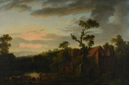 GEORGE BARRETT (BRITISH 1728-1784), A WOODED LANDSCAPE WITH DROVERS AND CATTLE BY A RIVER