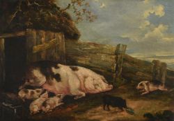 GEORGE MORLAND (BRITISH 1763-1804), SOW AND PIGLETS BY A STY
