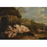 GEORGE MORLAND (BRITISH 1763-1804), SOW AND PIGLETS BY A STY