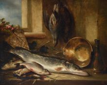 CONTINENTAL SCHOOL (19TH CENTURY), A STILL LIFE OF GAME AND FISH ON A LEDGE BY A WINDOW