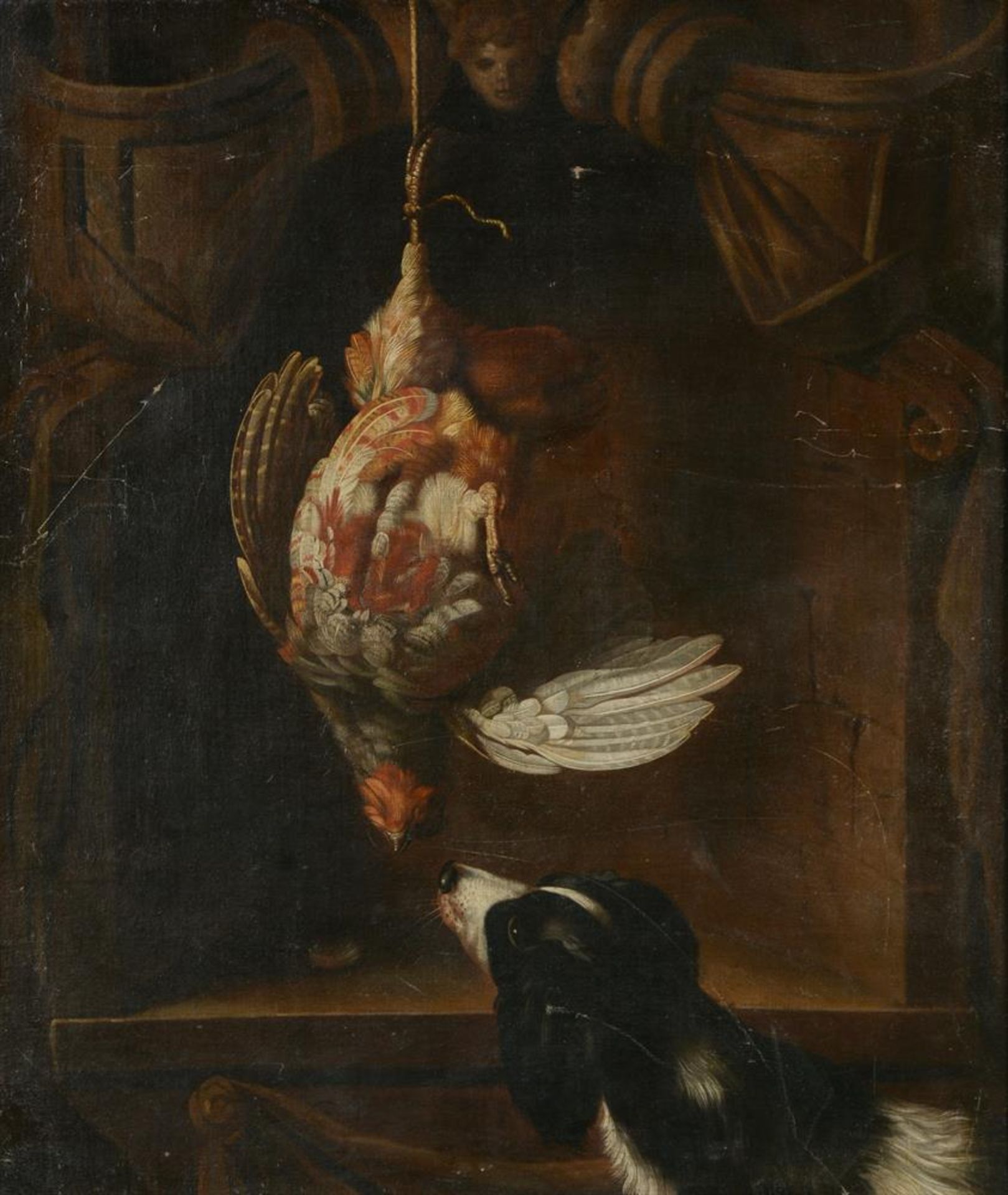 CIRCLE OF ENOCH SEEMAN (BRITISH 1694-1744), A PARTRIDGE IN A SCULPTED CARTOUCHE, WITH A SPANIEL