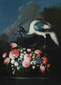 ITALIAN SCHOOL (18TH CENTURY), A PEAHEN WITH A BASKET OF FLOWERS; ALONG WITH THREE MORE PAINTINGS