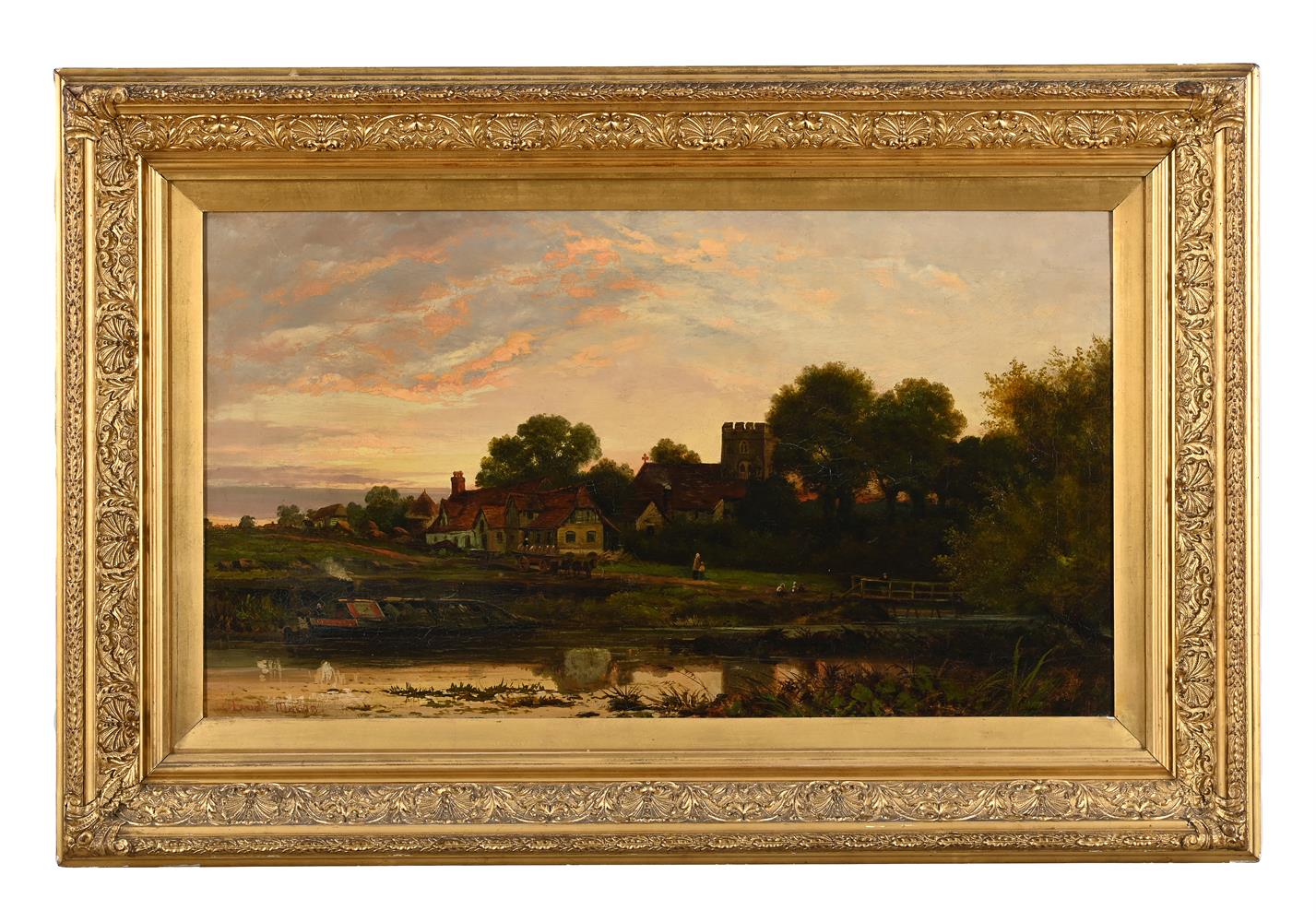 CLAUDE MASON (19TH/20TH CENTURY), A VILLAGE BY A RIVER AT SUNSET - Image 2 of 3