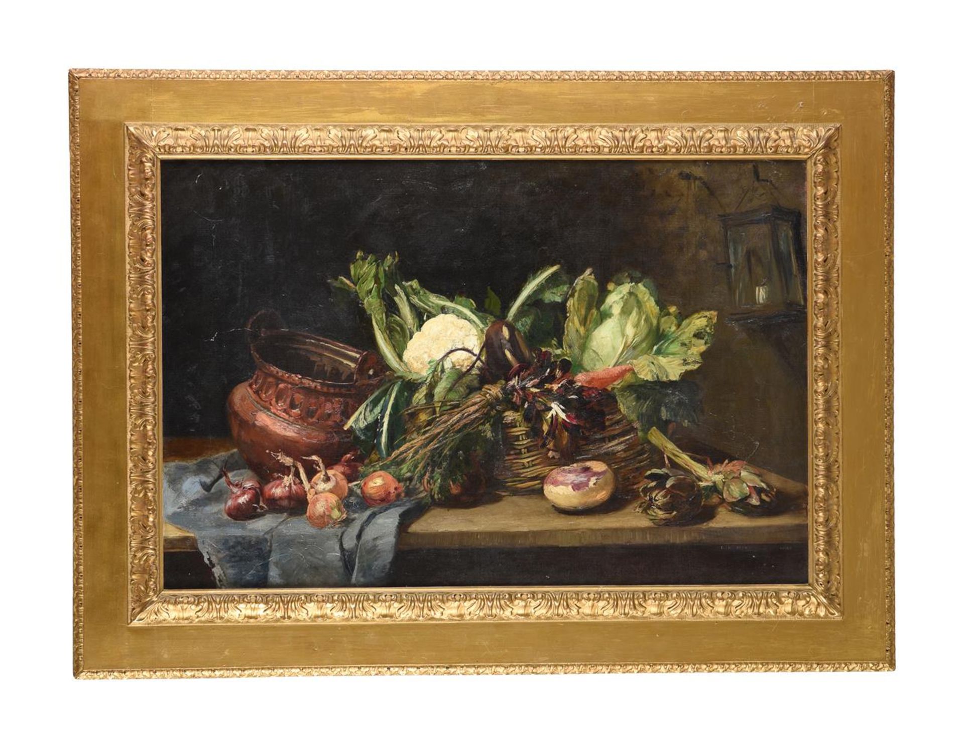 HELENE BEDNARIK (ROMANIAN 1883-1939), STILL LIFE WITH VEGETABLES ON A STONE LEDGE - Image 2 of 3