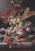 OLIVER CLARE (BRITISH 1853-1927), STILL LIFE OF GRAPES, RASPBERRIES, PLUMS AND A PEACH