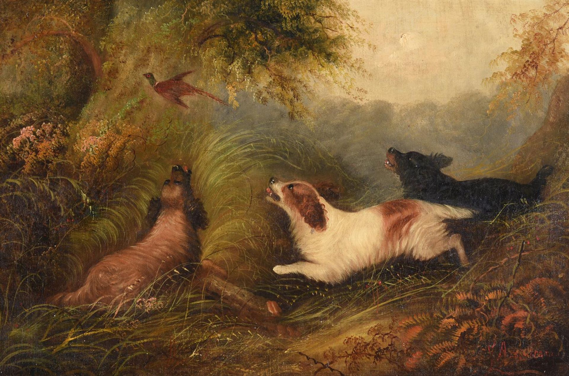 GEORGE ARMFIELD (BRITISH 1803-1893), THREE SPANIELS CHASING A PHEASANT