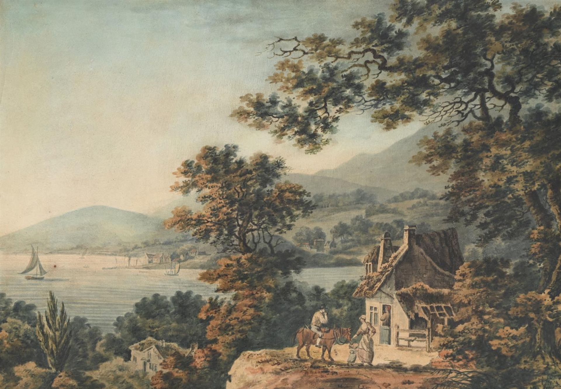 ENGLISH SCHOOL (C. 1800), COTTAGE LANDSCAPE WITH AN ESTUARY BEYOND