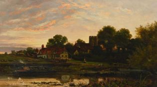 CLAUDE MASON (19TH/20TH CENTURY), A VILLAGE BY A RIVER AT SUNSET