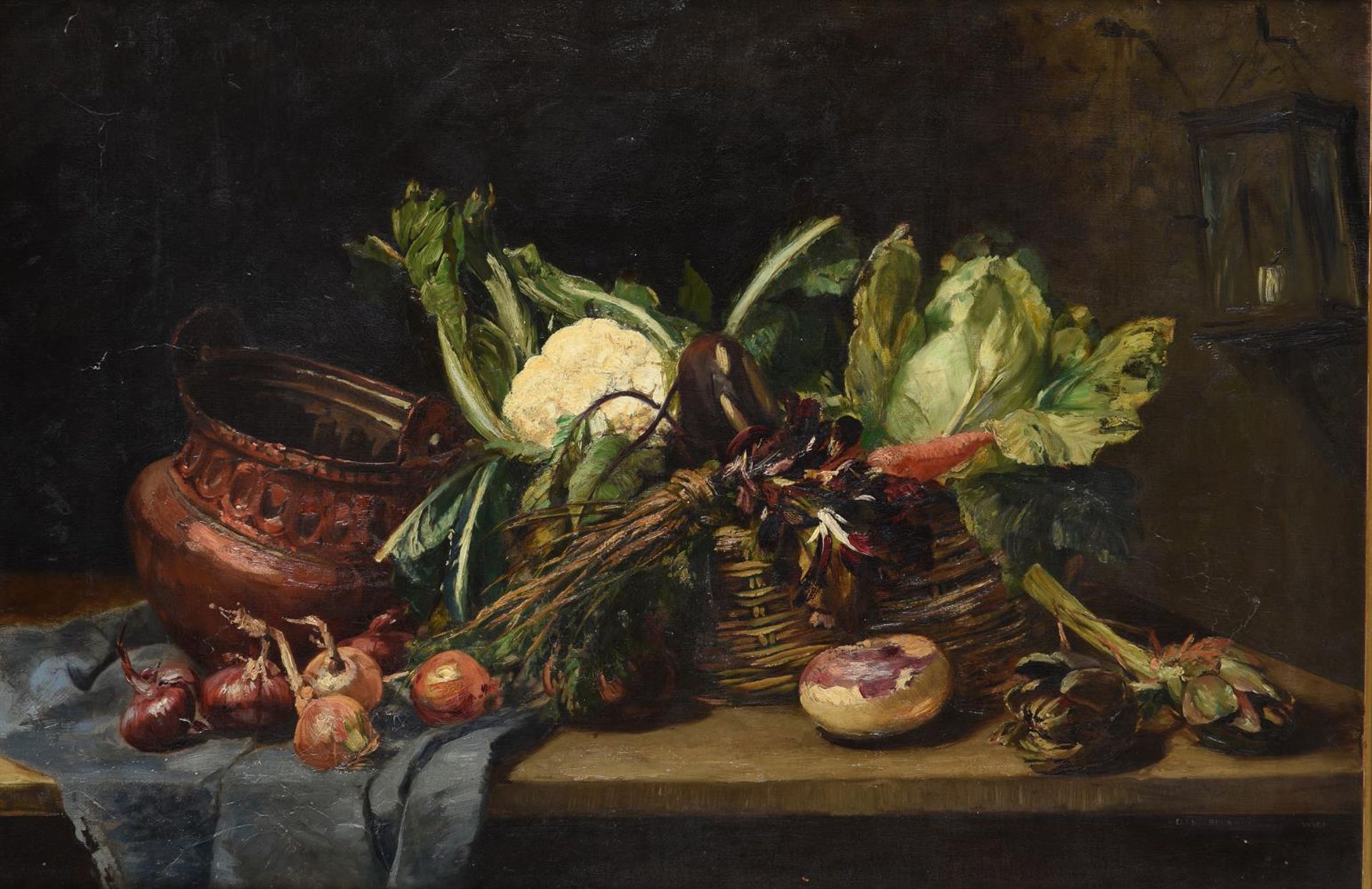 HELENE BEDNARIK (ROMANIAN 1883-1939), STILL LIFE WITH VEGETABLES ON A STONE LEDGE