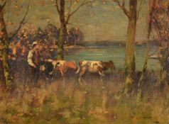 JOHN REID MURRAY (BRITISH 1861-1906), CATTLE AND DROVER BY A LAKE
