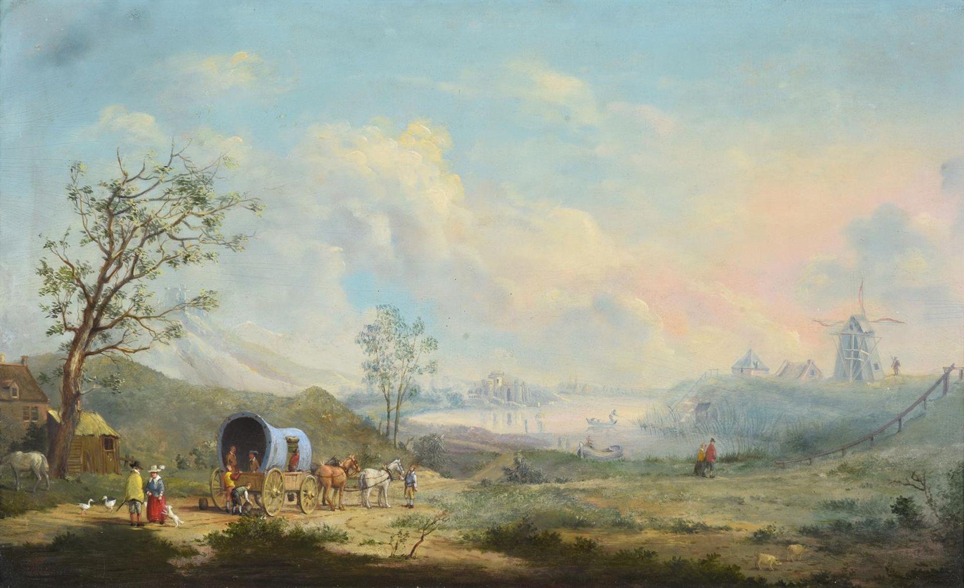 ENGLISH SCHOOL (18TH CENTURY), TRAVELLERS ON A TRACK WITH A CARAVAN BY A WINDMILL