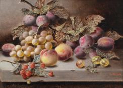 OLIVER CLARE (BRITISH 1853-1927), STILL LIFE WITH PLUMS, GRAPES, PEACHES AND GOOSEBERRIES