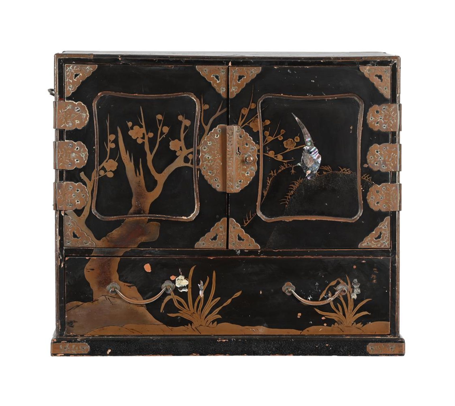 A JAPANESE EXPORT BLACK LACQUERED AND GILT METAL MOUNTED TABLE TOP WORK BOX