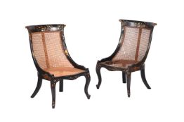 Y A PAIR OF VICTORIAN BLACK LACQUERED PAPIER MACHE CHAIRS
