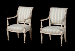 A PAIR OF FRENCH PAINTED AND UPHOLSTERED ARMCHAIRS IN LOUIS XVI STYLE