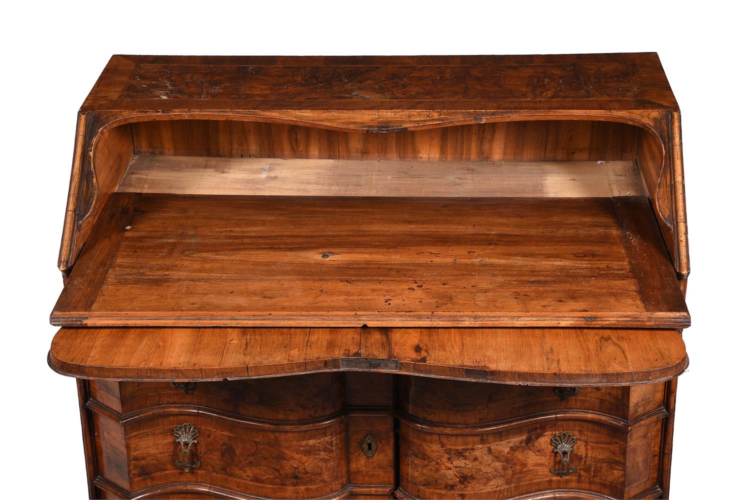 A WALNUT SERPENTINE FRONTED BUREAU, PROBABLY SOUTH GERMAN - Image 5 of 6