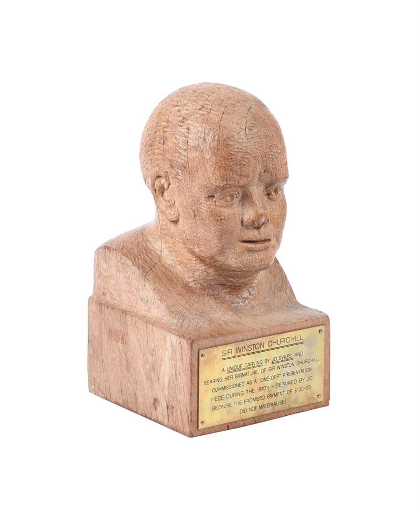 λ JO SYKES, A CARVED OAK BUST OF SIR WINSTON CHURCHILL