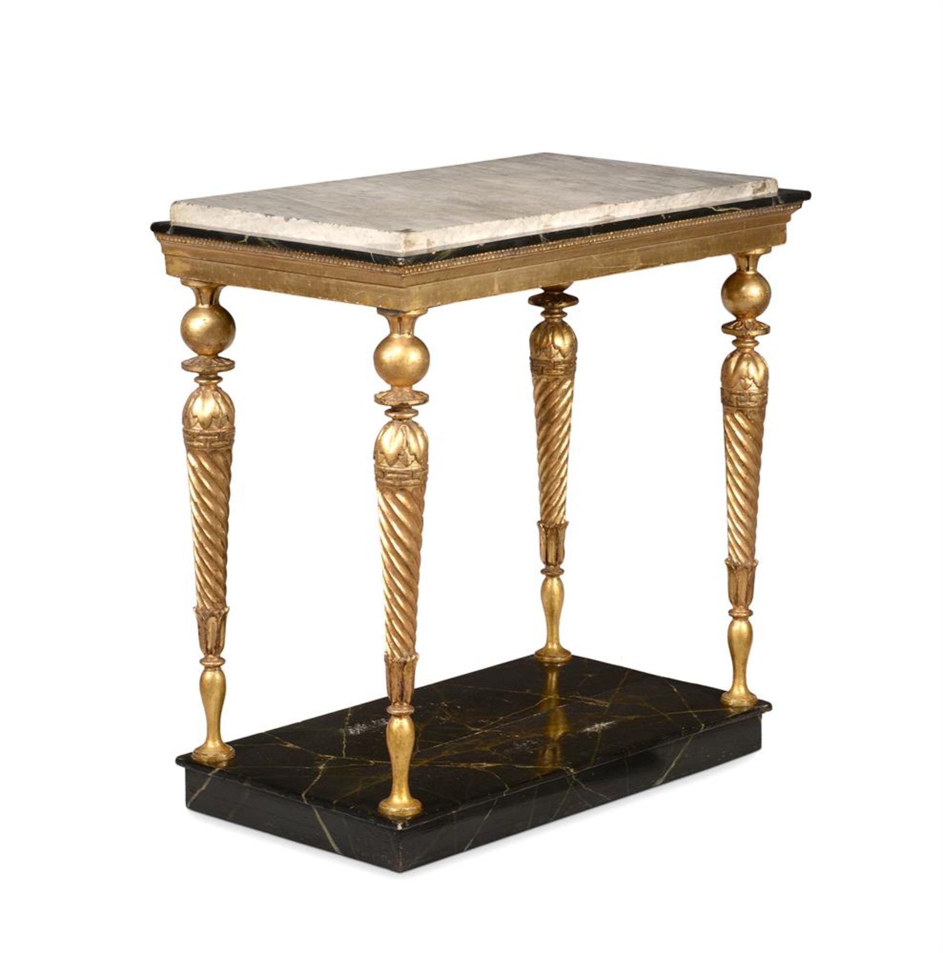 A GILTWOOD AND SIMULATED MARBLE CONSOLE TABLE