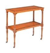 A SHERATON REVIVAL SATINWOOD AND POLYCHROME PAINTED TWO TIER BUFFET OR WHATNOT