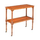 A SHERATON REVIVAL SATINWOOD AND POLYCHROME PAINTED TWO TIER BUFFET OR WHATNOT