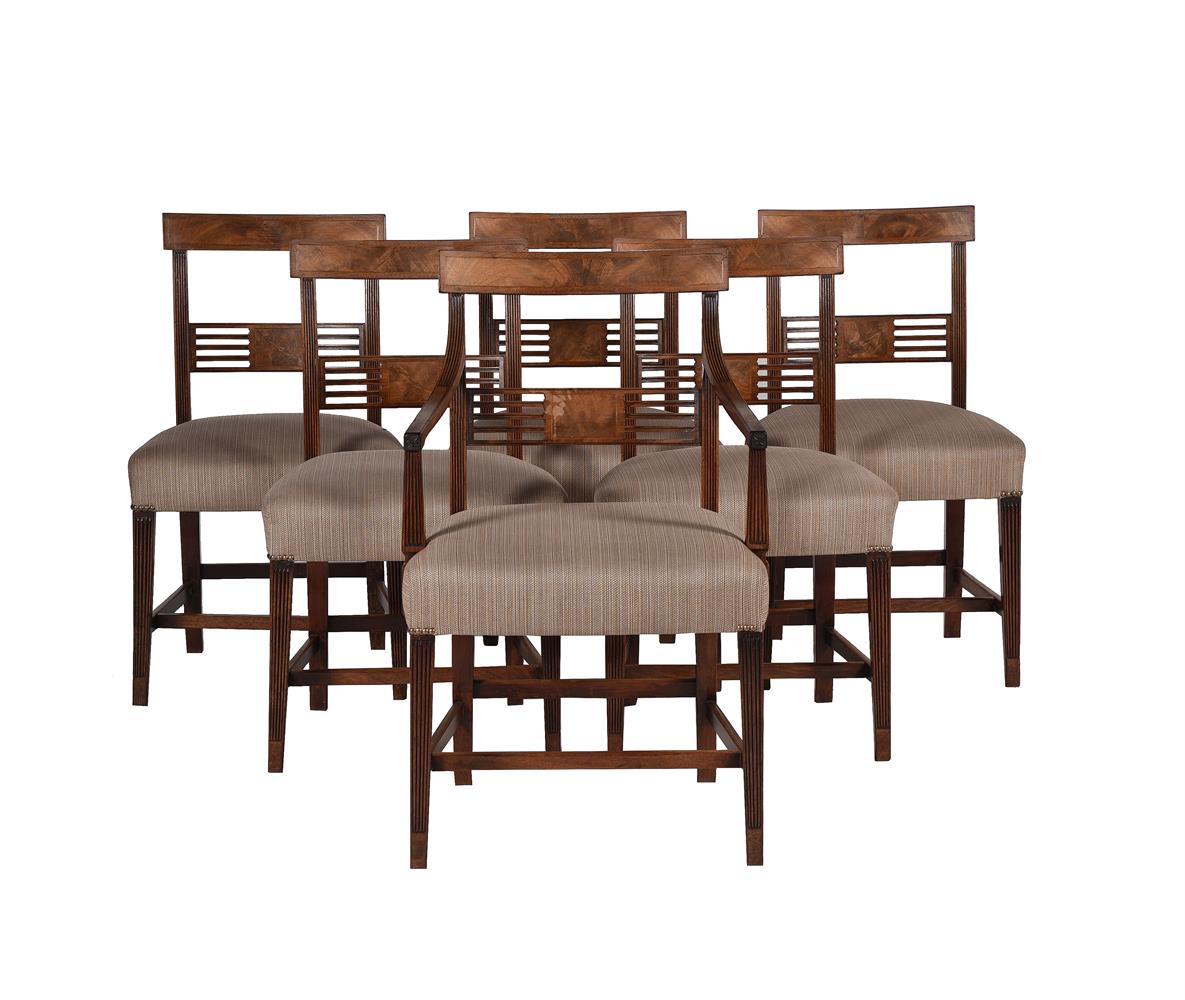 A SET OF SIX MAHOGANY AND LINE INLAID DINING CHAIRS