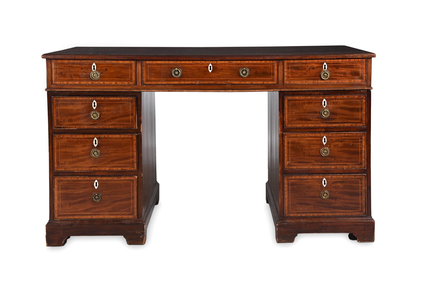 A VICTORIAN MAHOGANY AND SATINWOOD BANDED PARTNER'S PEDESTAL DESK