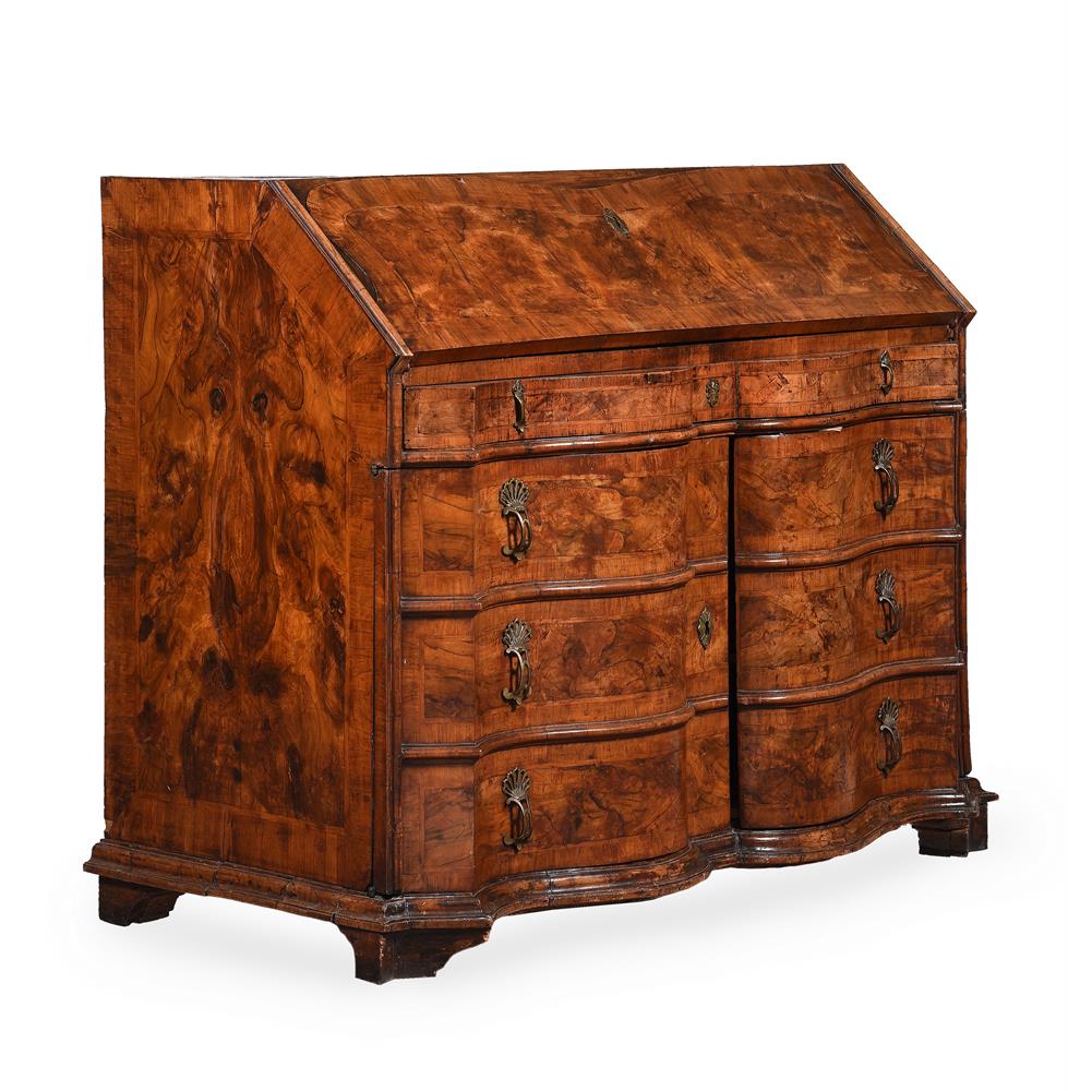 A WALNUT SERPENTINE FRONTED BUREAU, PROBABLY SOUTH GERMAN - Image 2 of 6