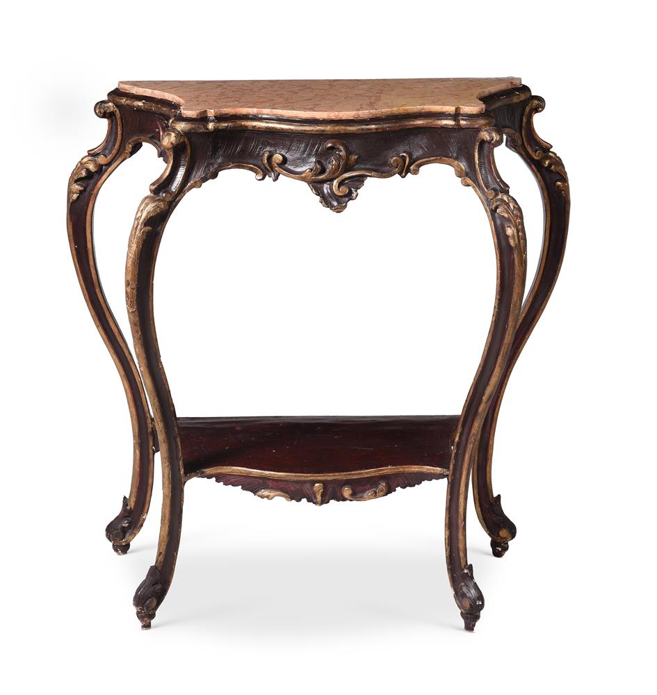 AN ITALIAN PAINTED AND GILTWOOD CONSOLE TABLE WITH MARBLE TOP